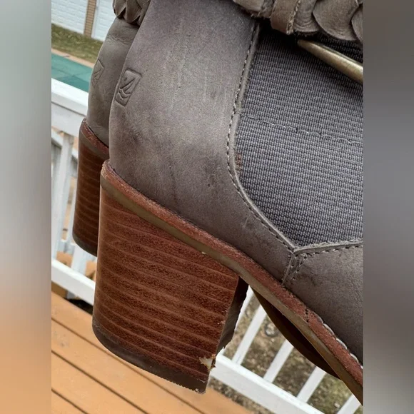 Sperry Leather Ankle Boots 8M Taupe Braided Strap Block Heel Chelsea Boho - Picture 13 of 16